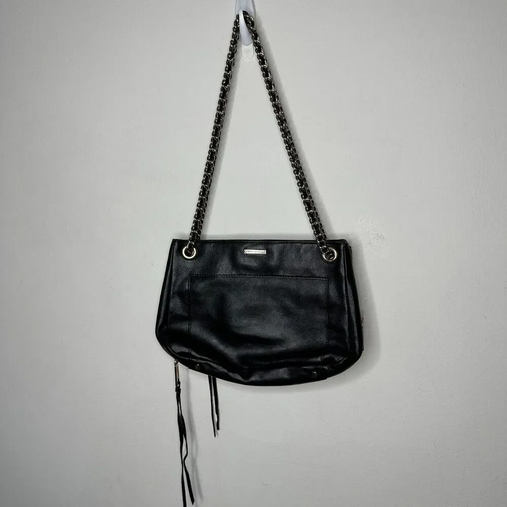 Rebecca Minkoff Black Leather Shoulder Bag Purse with Gold Hardware Chain Strap